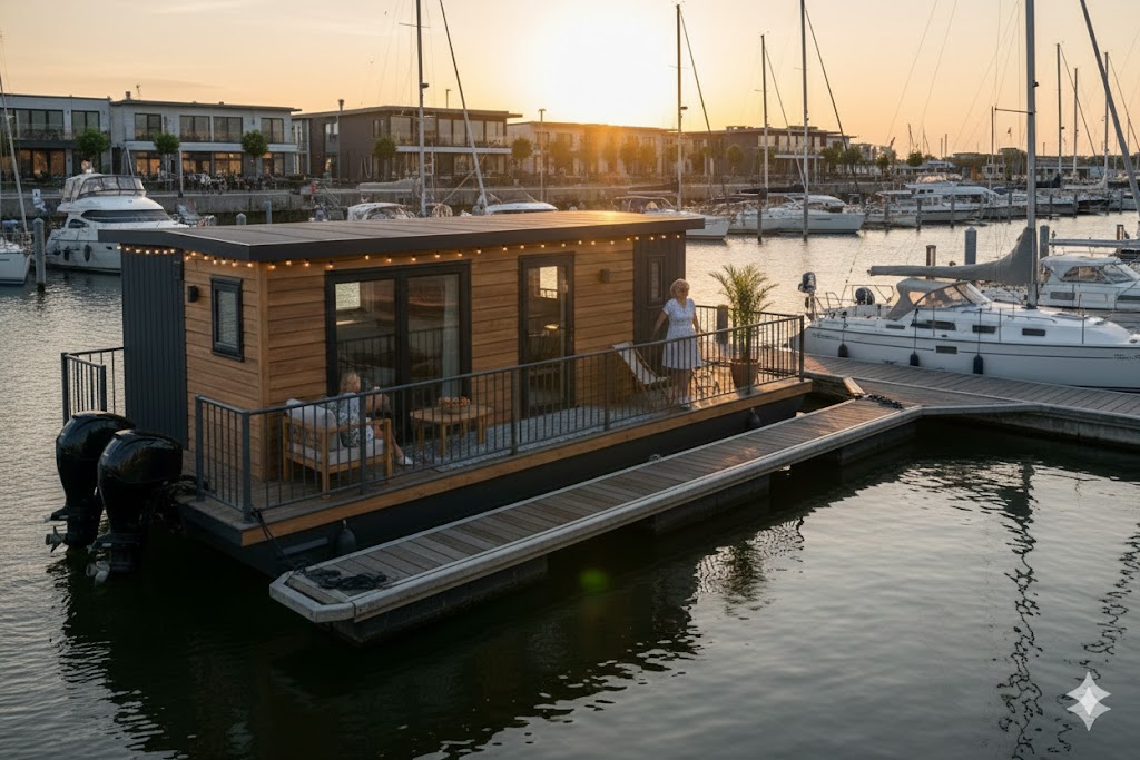 HabitaNova Floating House in einem Hafen bei Sonnenuntergang